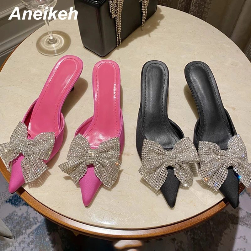 Aneikeh Sexy pointed Toe Mid Heel Spring Women Mules Fashion Butterfly-Knoe Decoration Slip-On Slippers Sandalias Mujer 2024 New