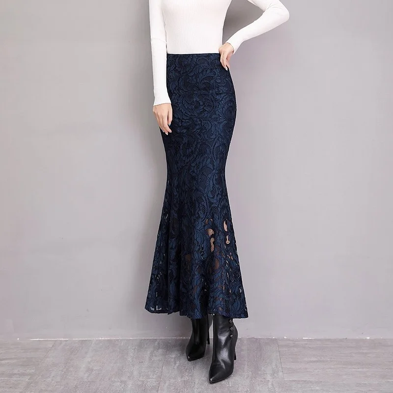 Ladies Elegant High Waist Slim Fit Wrap Lace Crochet Skirt Women Stretchy Sexy Skinny Ruffles Trumpet Ankle Length Long Skirts