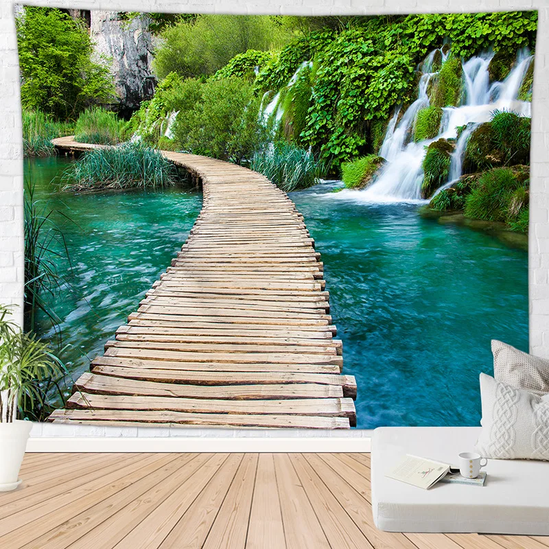 Nature Waterfall Tapestry Wall Room Decor Carpet Tree Forest Landscape Hanging Tapestries Aesthetic Boho Bedroom Home Decoration