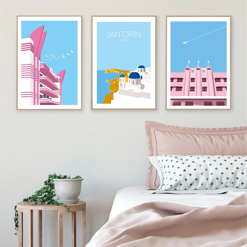 Vintage Travel print Art Painting Santorini Miami Francisco Airplane Vintage Travel Cities Landscape Posters Wall Art Picture