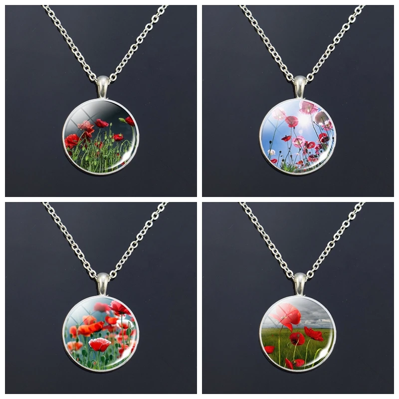 Poppy Flowers Art Pattern Necklace Fashion Silver Color Pendant Glass Cabochon Jewelry Simple Style Pendant Charm Women Gifts