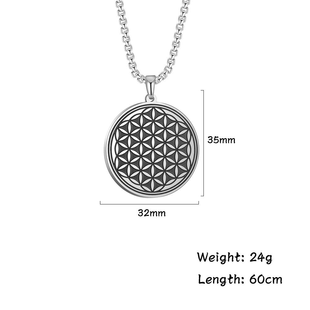 Skyrim Vintage Mandala Black Flower of Life Necklace for Men Women Stainless Steel Box Chain Necklaces Party Jewelry 2024 New