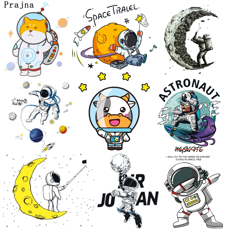 Prajna Cute Space Astronaut Patches Thermal Sticker On Clothes Heat Transfer Vinyl Patches For Clothes Kid T Shirt Moon Applique