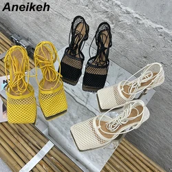 Aneikeh sandali in rete con punta quadrata scarpe da donna Open Party Cross-Tied Gladiator Lace-Up Cover Solid Sweet 2024 Summer tacchi a spillo