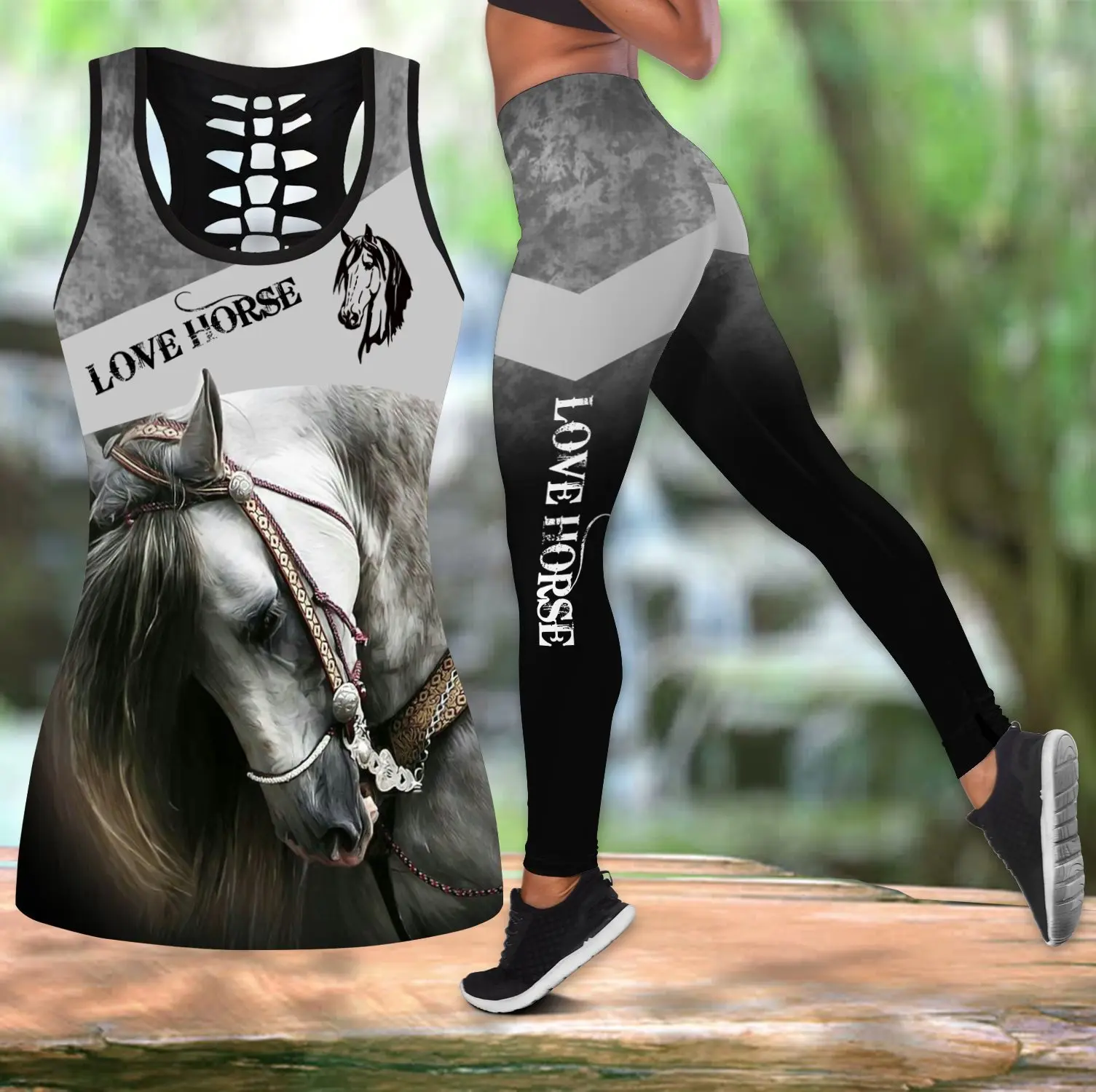 Beautiful Love Horse 3D All Over Printed Hollow Tank Top & Leggings Set Fitness Female Full Length Leggings Running Pants DDK76