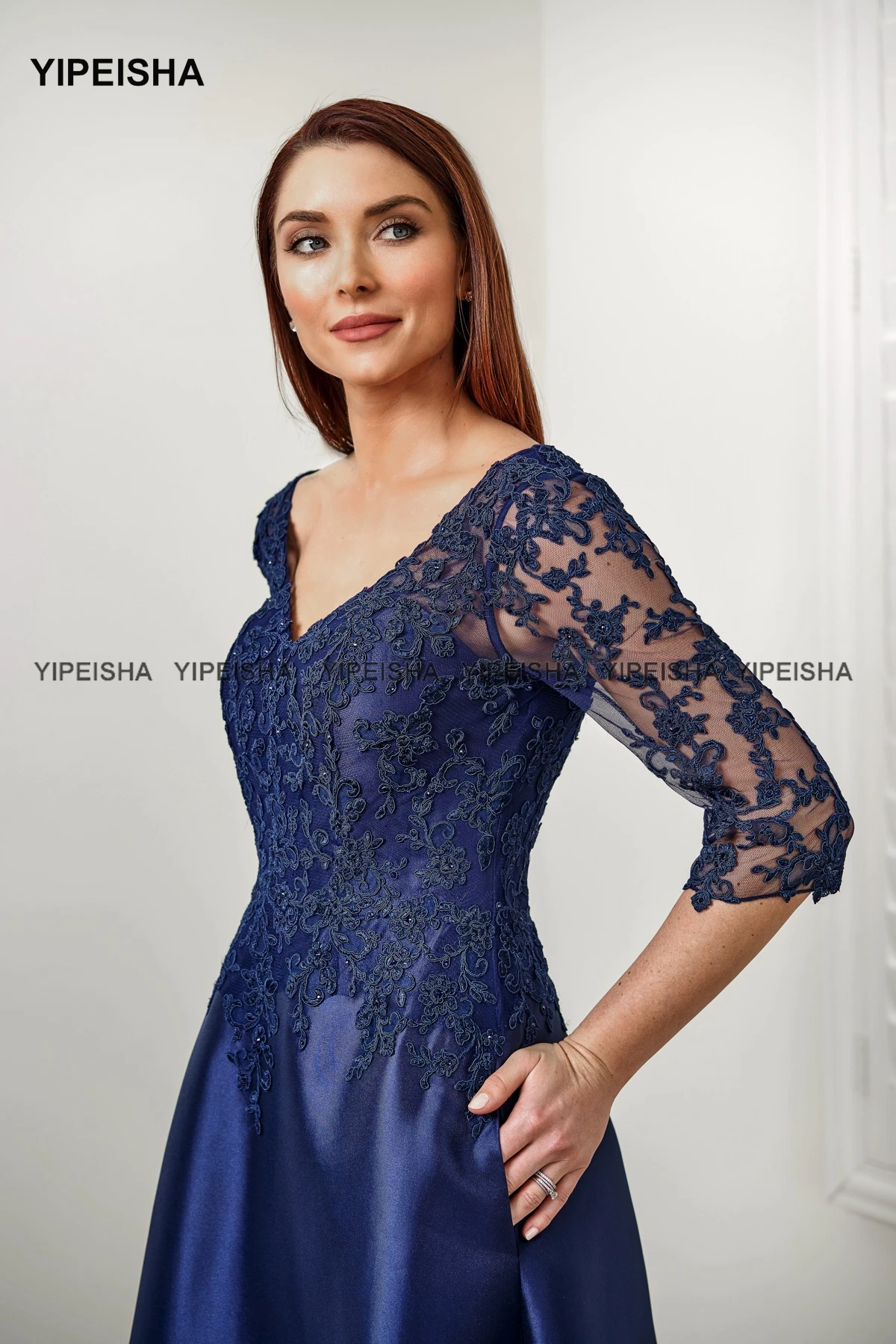 Yipeisha V-neck Mother of Bride Dress Three Quarter Sleeves Formal Lace Evening Gown for Mom Robe de Soiree Longue Plus Size