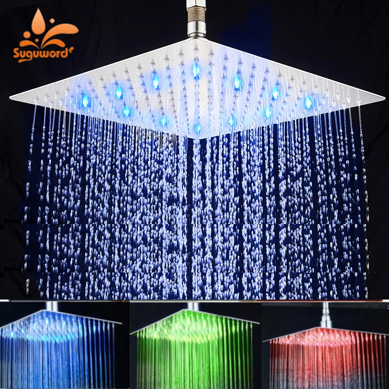 Suguword Ultra-thin LED Rainfall Bathroom Shower Head without Shower Arm 3 Colors Changing with Temp Water Saving