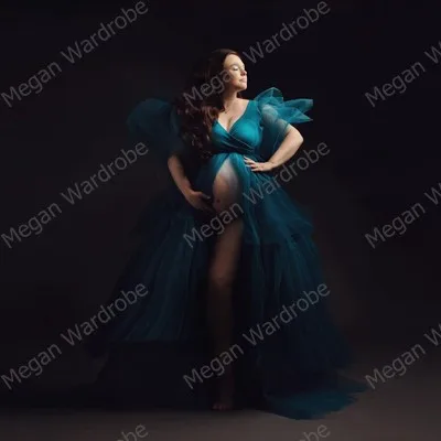 Sexy Deep V-neck Maternity Dresses For Women A-Line Front Open Draped Long Tulle Dress Custom Made Plus Size Ropa de maternidad