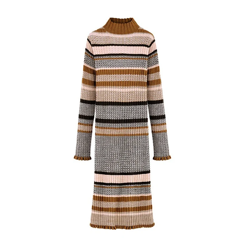 Elegant Striped Autumn Winter Dress Vintage Slim Women Sweater Dress Oneck Women Knitted Dress Female Midi Jumpers Sweater Dress