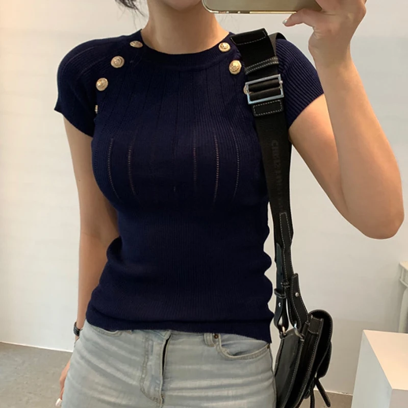 LJSXLS Slim Knitted Jumper Women\'s Sweater Summer O Neck Casual Button Sweaters Women Solid Elegant Short Sleeve Tops Femme