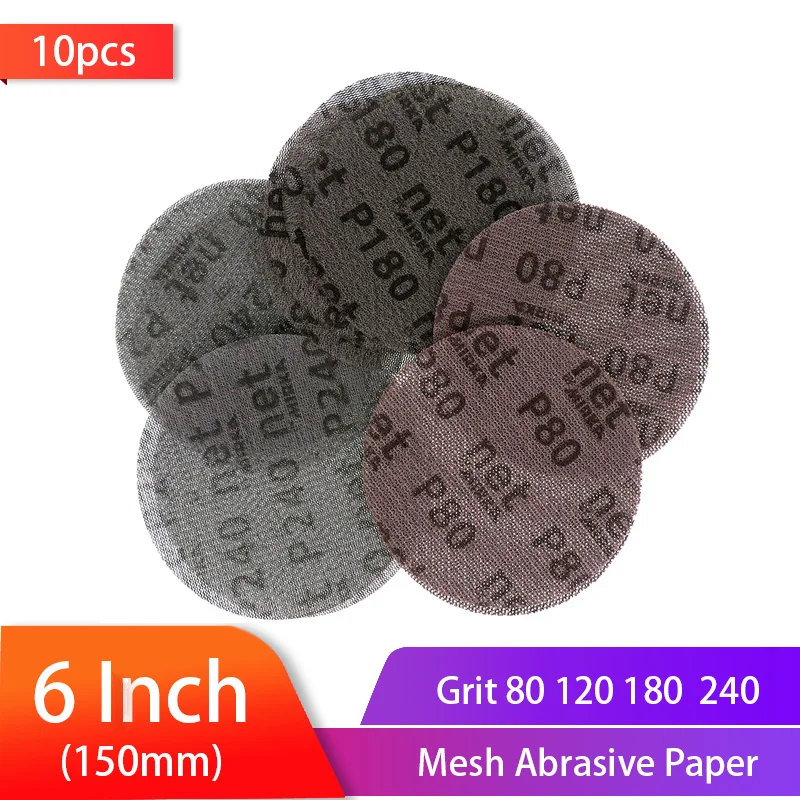 10PCS 6 Inch 150mm Mesh Dust-free Anti-blocking Hook&Loop Sanding Discs Round Abrasive Sandpaper 80-240 Grit Car Decorate Paper