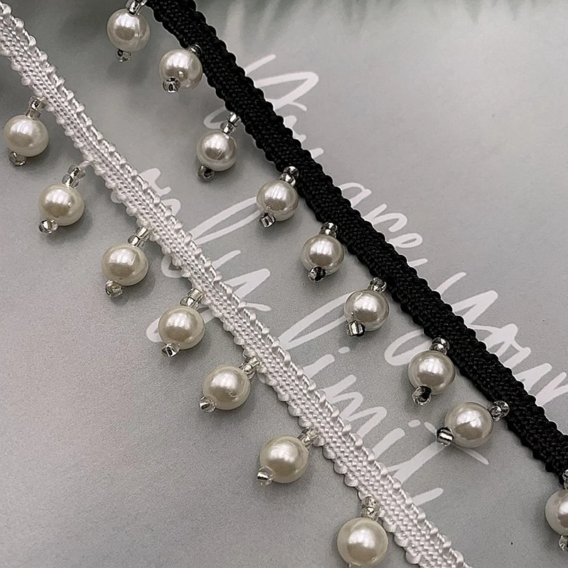 2Yards Pearl Fringe Beaded Lace Trim Garment Dress Tassel Lace Decor Shoes Ornaments White Black Hanging Bead Curtain For Sewing