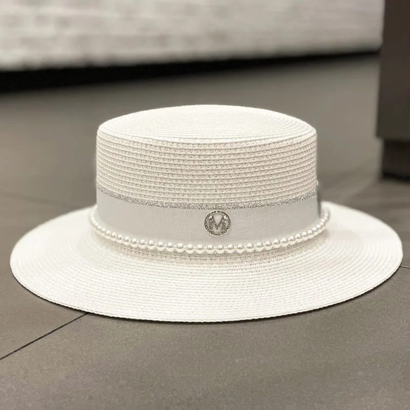 Sombrero de paja plano Retro para mujer, sombrero de paja de ala ancha de alta calidad con letras M, perla, transpirable, para viaje y playa