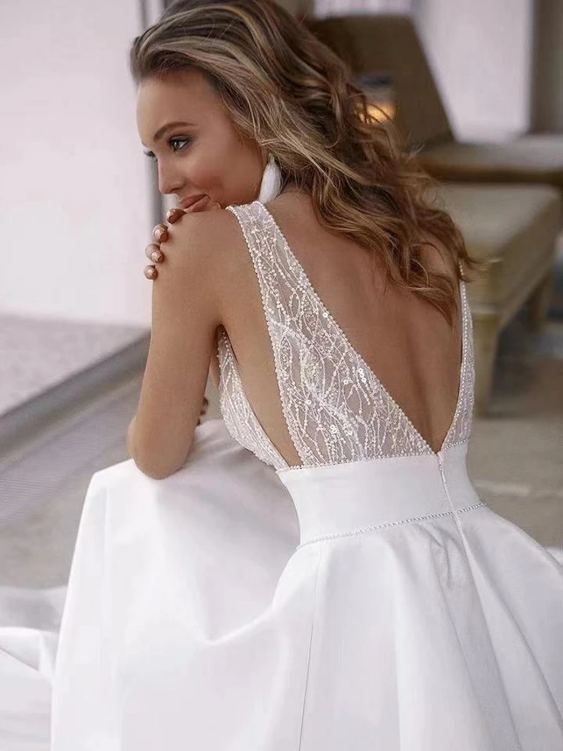 2021 vestidos de casamento rendas com cetim saia praia vestidos de noiva a linha sem mangas sexy com decote em v aberto voltar princesa vestido de festa