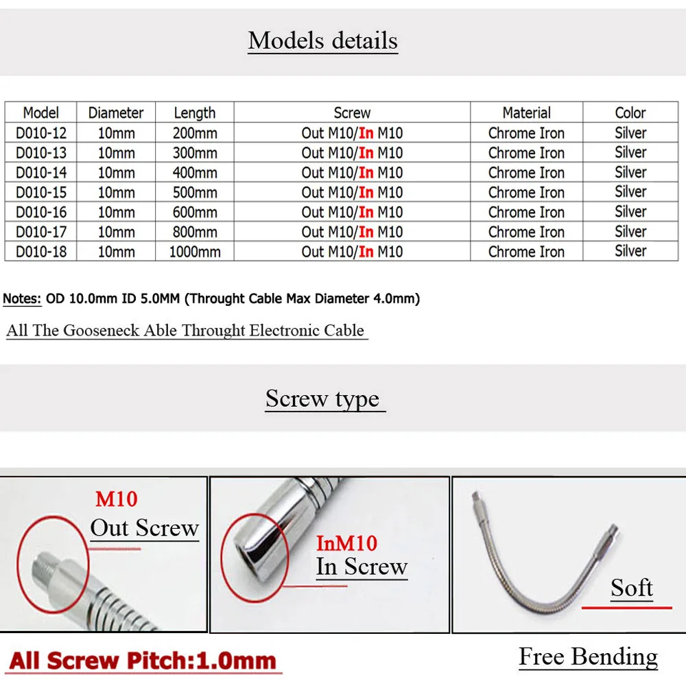 2pcs Dia 10mm led gooseneck 20-100cm M10/InM10 Flexible metal holder universal Hose serpentine tube Desk/table lamp Clamp lights