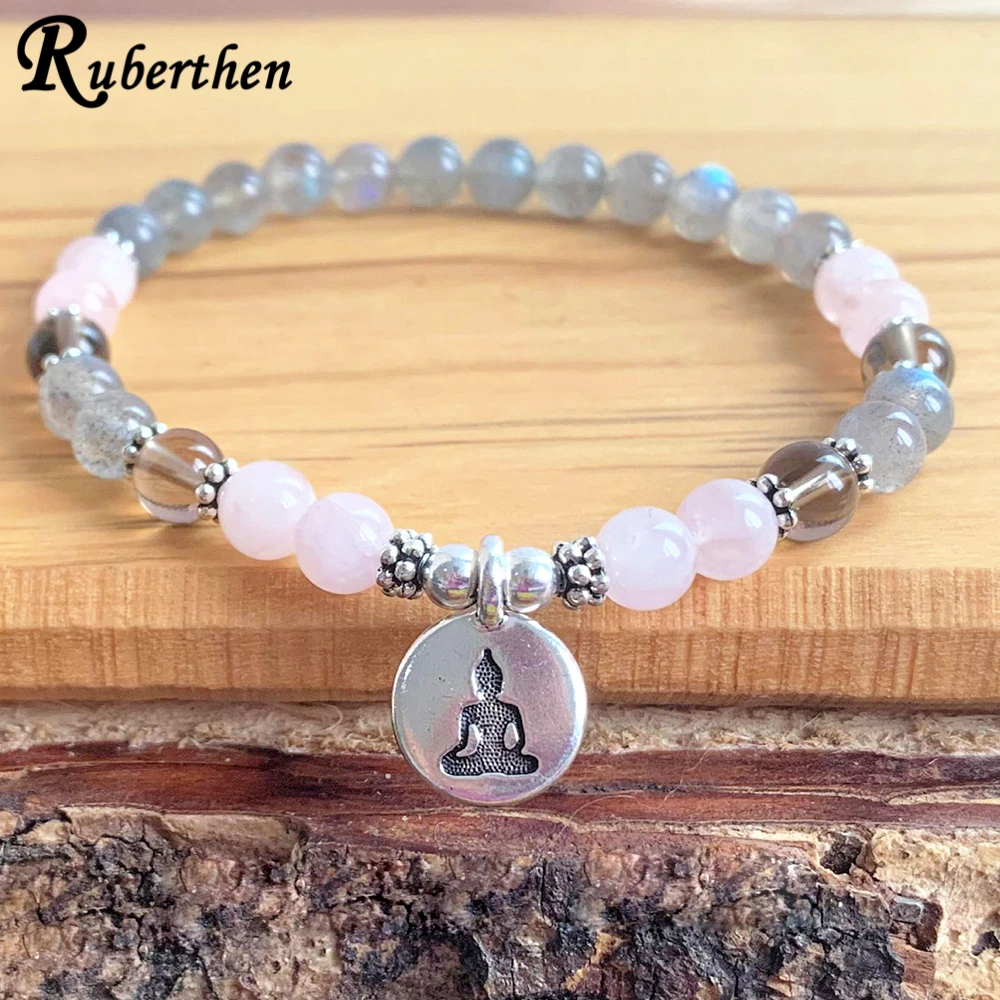 Ruberthen 6 mm Total Zen Wrist Mala Buddha Bracelet AA Grade Labradorite Rose Crystal Yoga Mala Bracelet Buddish Jewelry