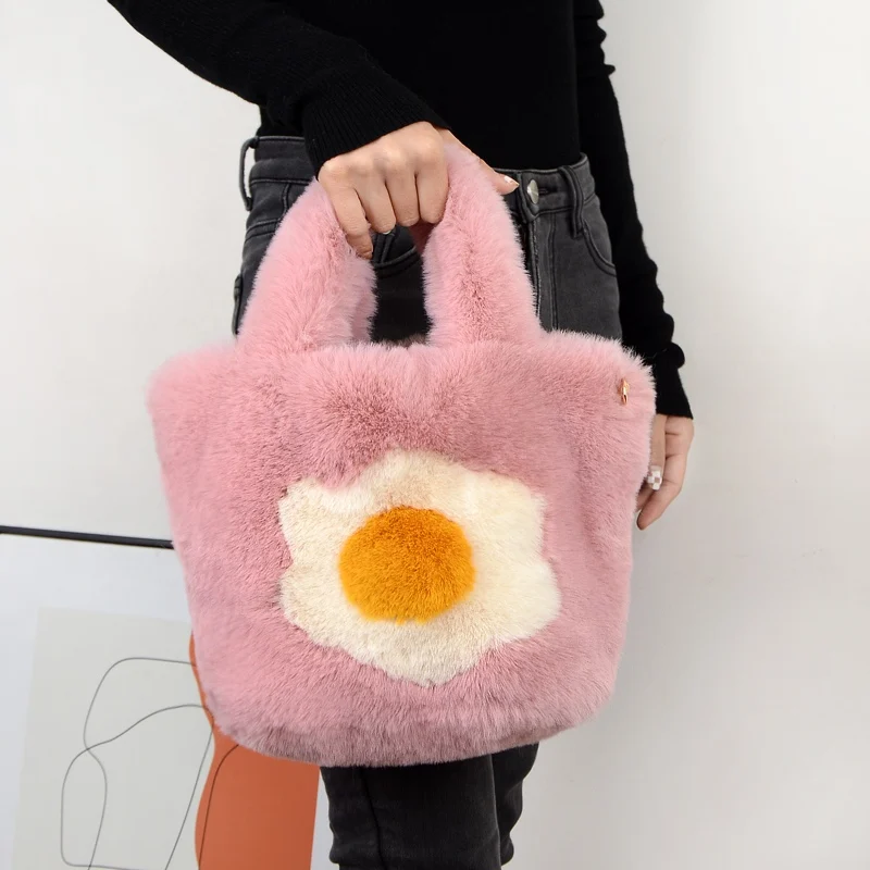 2024 Winter Lady Fluffy Rabbit Fur Messenger Bag Cute Girls Fried Egg Handbags Fashion Crossbody Bags For Women Party Gift