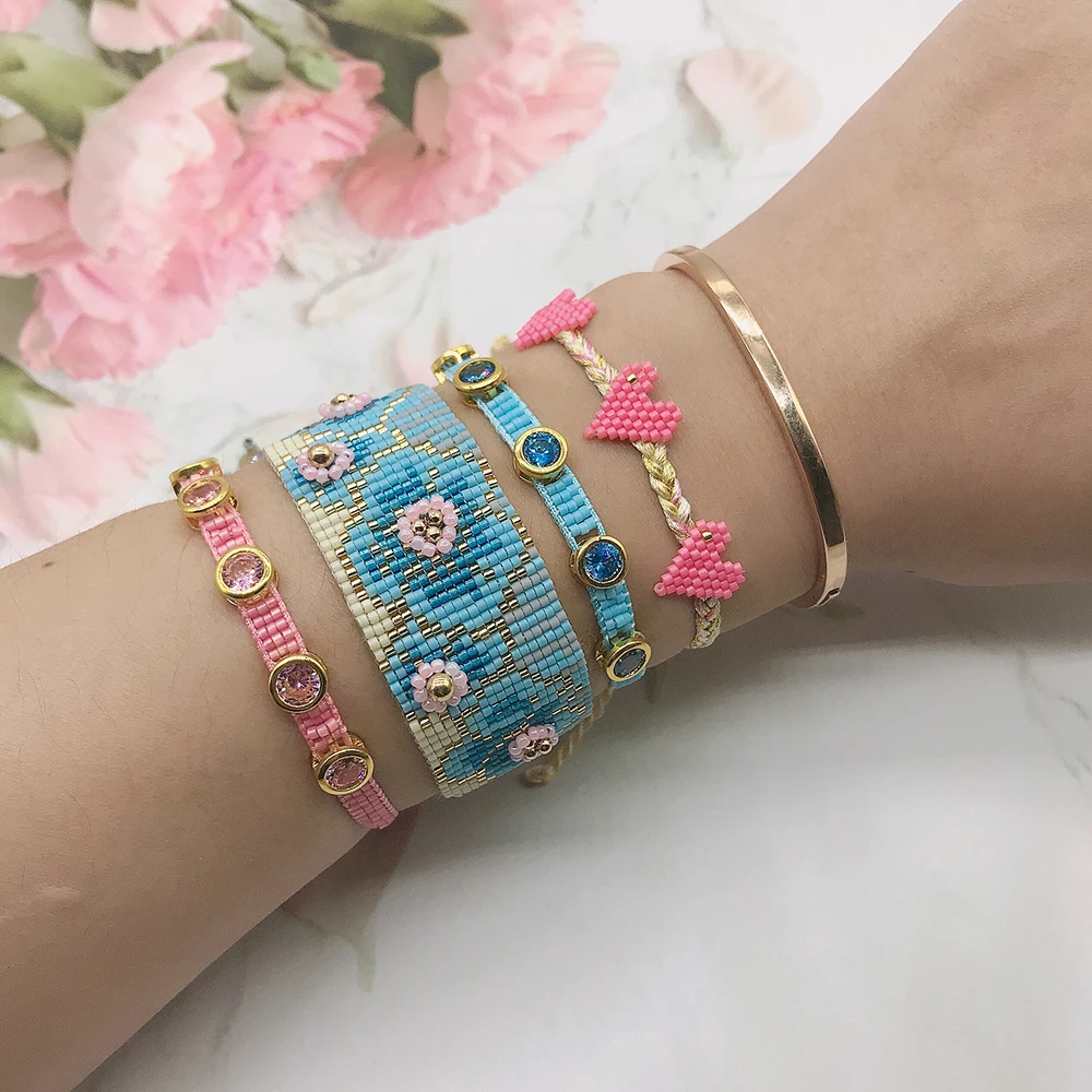 BLUESTAR 4pcs One Set Women Pink Blue Flower Bangles Handmade Bohemian Plum Blossom Lady Crystal Bead Heart MIYUKI Bracelets