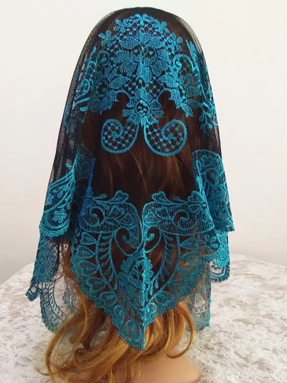 Blue on Black Lace Shawl Chapel Catholic Veil Embroidery Spanish Lace Mantilla