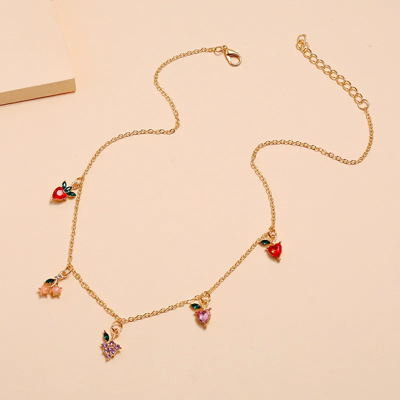 Collier en cristal doux, pomme cerise raisin Fruits, chaîne clavicule en or mignon, collier de fête, bijoux cadeaux 1 pièce