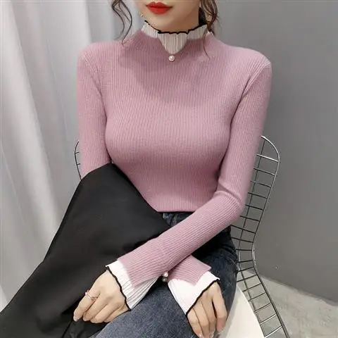 Half-high collar fake two-piece self-cultivation sweater women\'s autumn and winter new beaded lace stitching knitted solid color