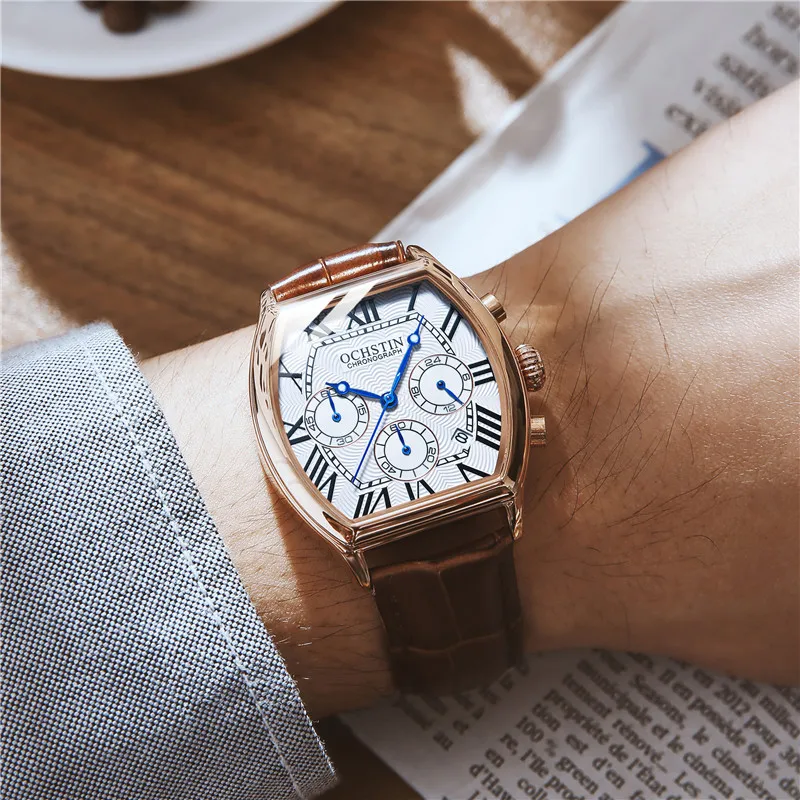 OCHSTIN Man Square WristWatch Chronograph Sport Men Quartz Watch Military Top Brand Rose Gold Genuine Leather Business Clock