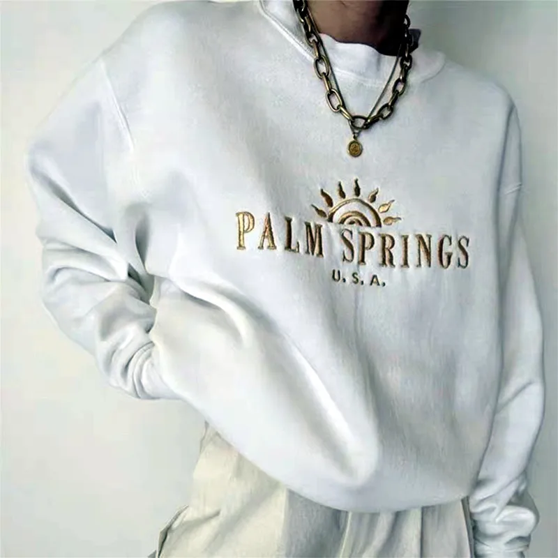 Calelinka American Vintage Palm Springs Letters Embroidery Printed White Cotton Sweatshirts Round Neck Vintage Women Ins Jumpers