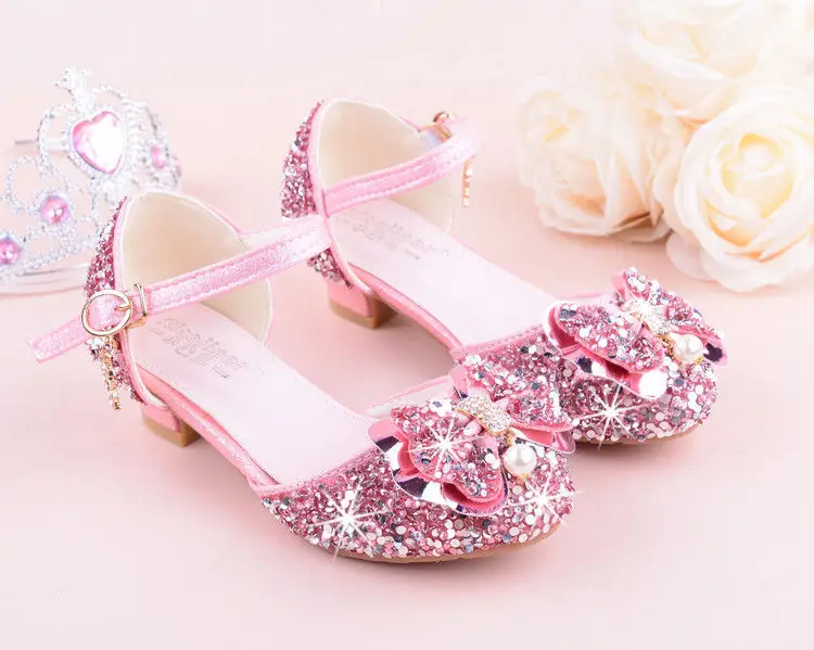 Sandalias de tacón alto con diamantes de imitación y lazo para niña, zapatos de cuero sintético para baile de princesa, color morado, rosa y