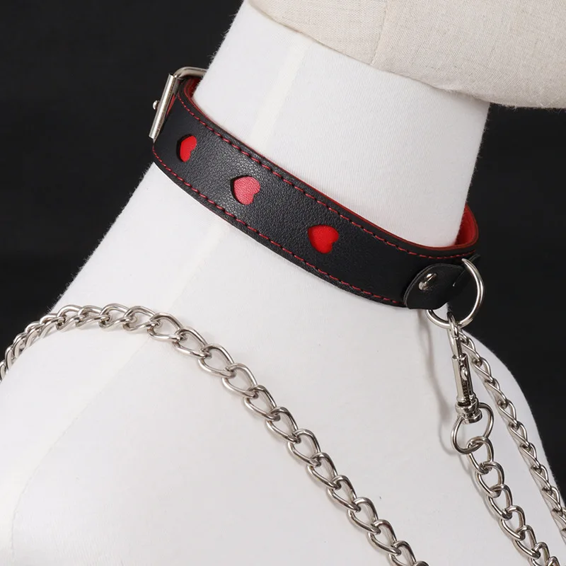 Adjustable PU Leather Chain Collar with Leash BDSM Bondage Fetishs Necklace Adult Game for Woman Neck Ring Sex Accessories Toys