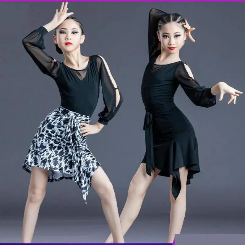 Girls Leopard Print Latin Ballroom Dance Competition Costumes Mesh Children Black Salsa Modern Latin Practice Dancewear Dress