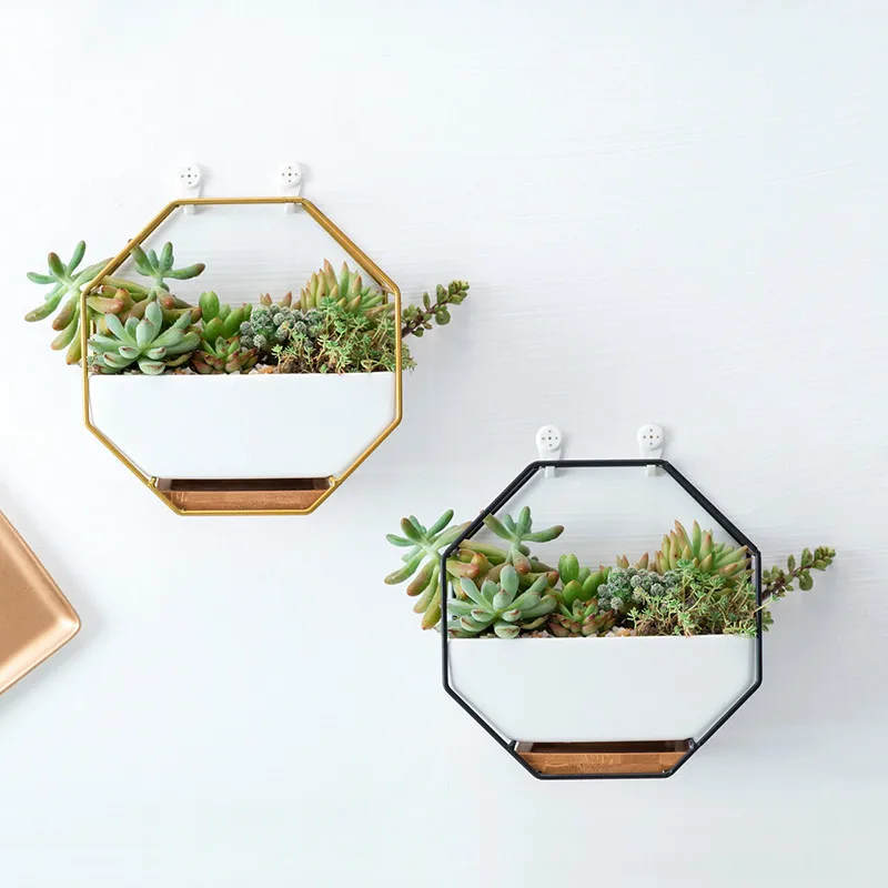 Metal Iron Rack White Ceramic Planter Pot Simple Octagonal Geometric Wall Hanging Ceramic Flower Pot Bamboo Tray Iron Frame