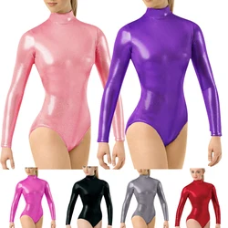 New Sexy woman High neck Back zipper Oily Tights Dance clothes Shiny Ballet dance long sleeves Swimsuit plus size bathing suits