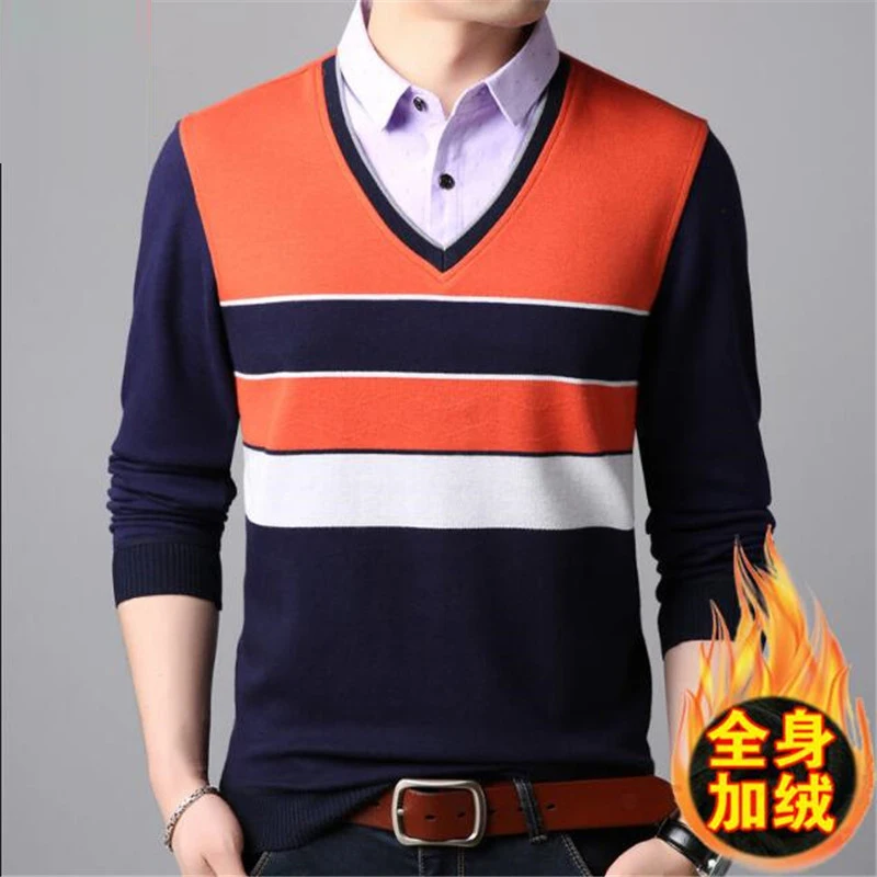 Mens Sweaters Fake Shirt Stripe Knitted Man Sweater Triangle Fashion Casual Cotton Autumn Collar Keep Warm Winter Pull Homme