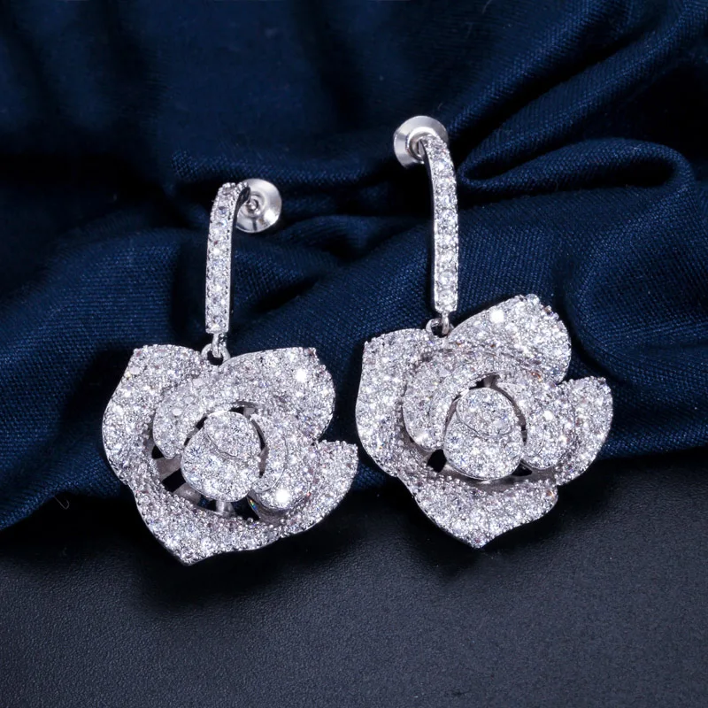 LUOTEEMI Luxury Big Rose Flower Drop Earring for Women Trending Bridal Wedding Party Full Cubic Zirconia Accessories Christmas