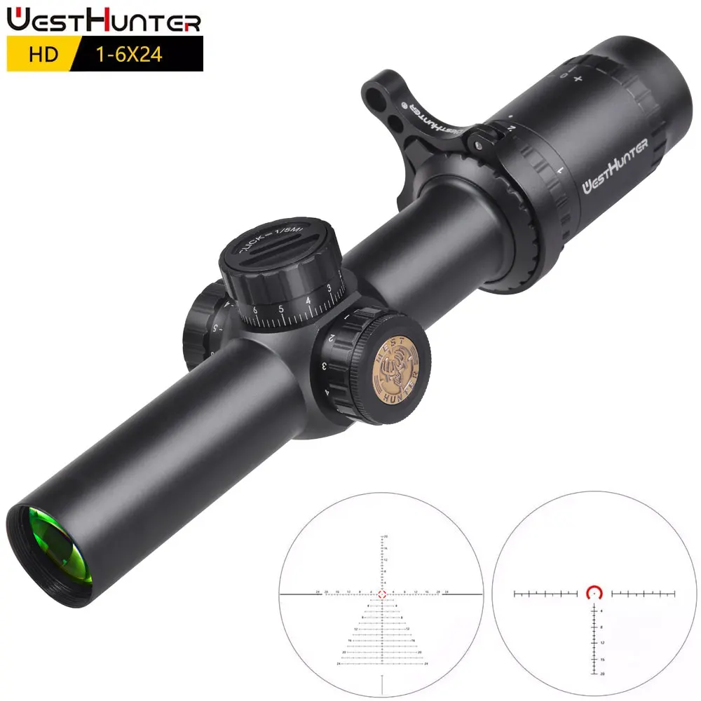 WESTHUNTER-mira de caza compacta HD 1-6X24 IR, Visor de Rifle táctico, retícula grabada de vidrio, amplio campo de visión, miras ópticas