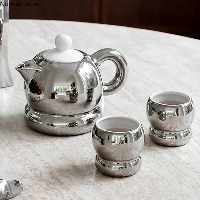 Nordic Silver-plated Ceramic Tea Set Set Household Teapot Tea Cup 900ml Large Capacity Teapot Living Room Tea Table Decoration