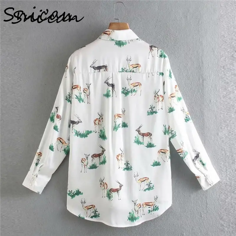 Za Green Dear Print Blouse Women Fashion Satin Animal Sexy Shirts Chic Tops Vintage Chemisier Femme Spring Elegant Blusas Mujer