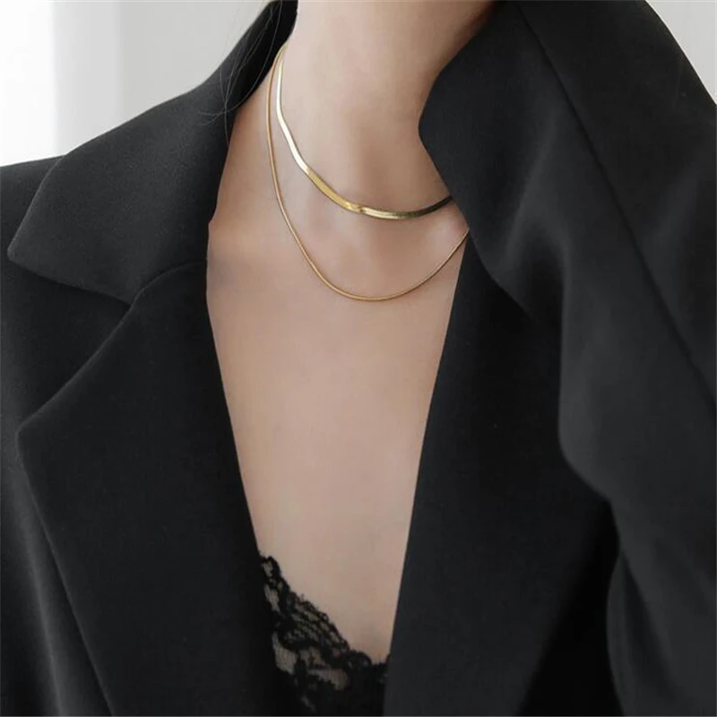 European and American retro double snake bone strand titanium steel necklace female clavicle chain tide people personal short fa