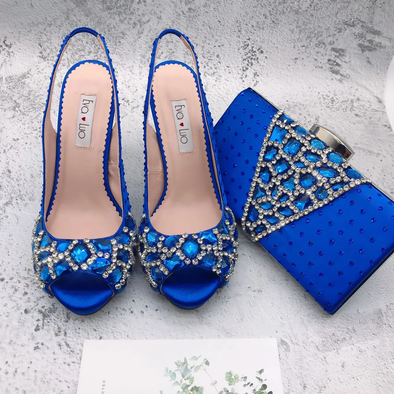 

BS1250 Custom Made Slingbacks Women Bridal wedding Shoes Royal Blue Crystal Pointed toe Shoes with Matching Bags Set