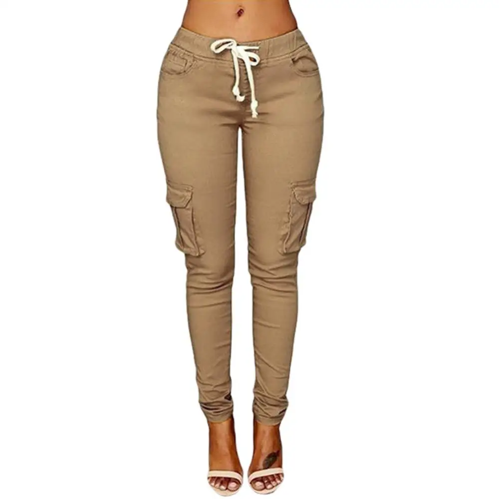 plus size woman high waist pants Solid Skinny Cargo Pants Pockets Drawstring Joggers Trousers Summer Leggings Casual Pencil Pant