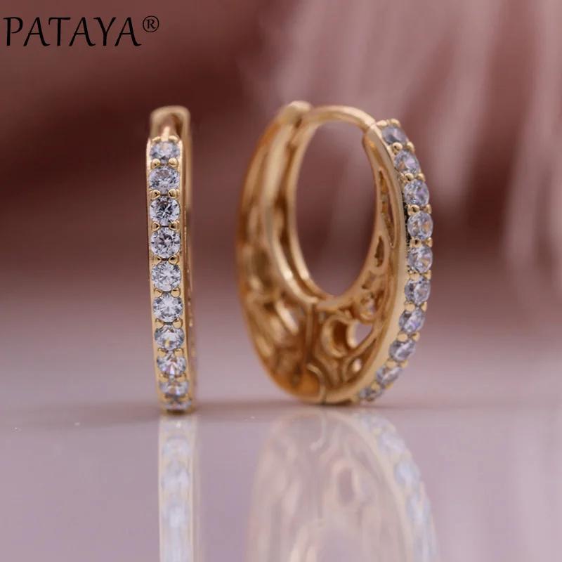 PATAYA New Hollow Circle Wedding Earrings 585 Rose Gold Color Natural Zircon Drop Earrings Women Party Fine Cute Fashion Jewelry