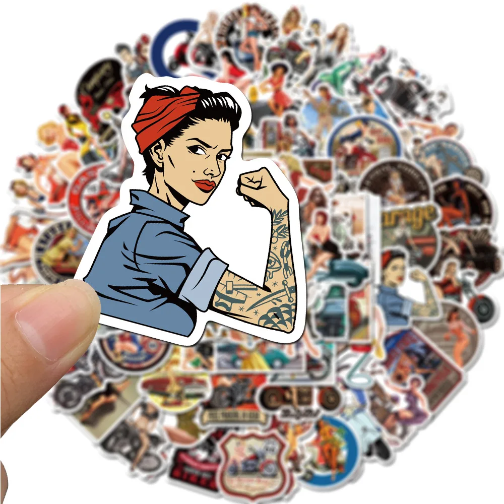 10/30/50/100pcs Retro Poster Motorcycle Girl Sticker for Laptop Motorcycle Skateboard Luggage Vintage Decal Toy Stickers Packs