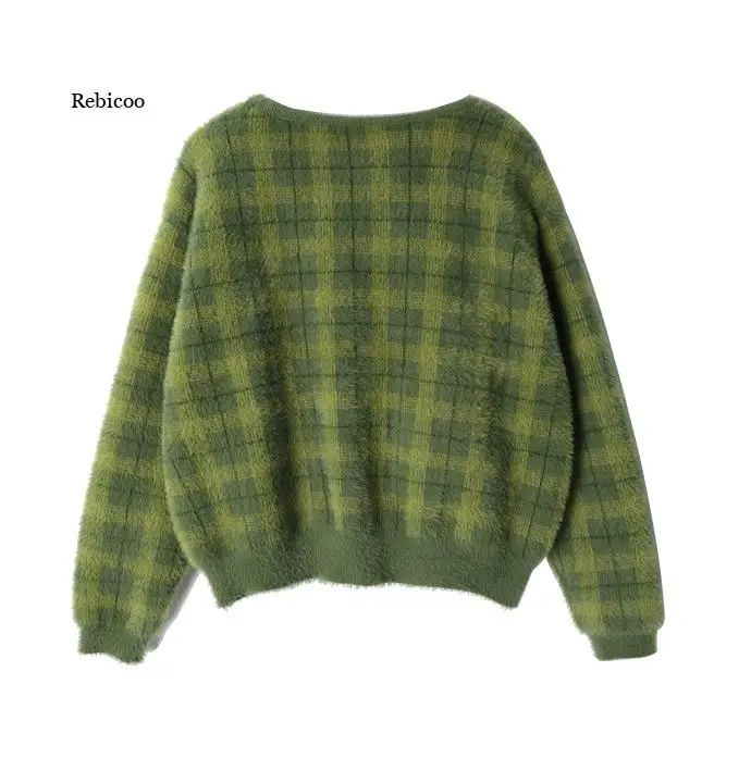 Harajuku Fuzzy Green Plaid Cardigan With Front Button Women Cropped Cardigan Sweater Casual long knitted cardigan female