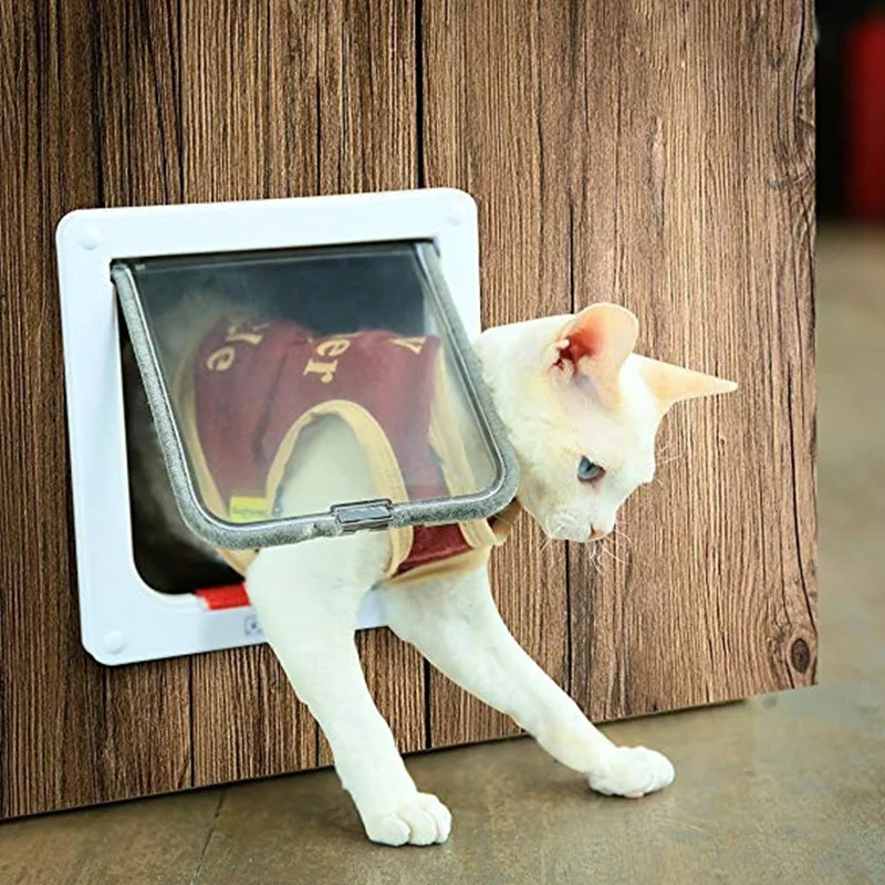 Cat Flap Door with 4 Way Security Lock Dog Flap Door for Dog Cats Kitten ABS Plastic Small Pet Gate Door Kit Cat Dogs Flap Doors