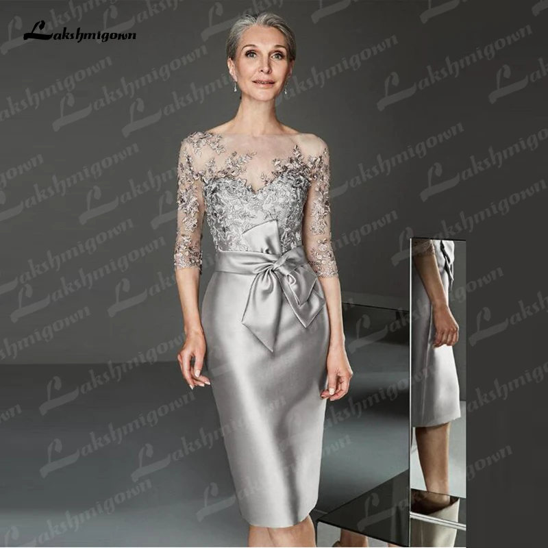 Silver Champagne Short Knee Length Lace Mother of the Bride Dresses Three Quarter Sleeves Mother Formal Wedding Guest Gown