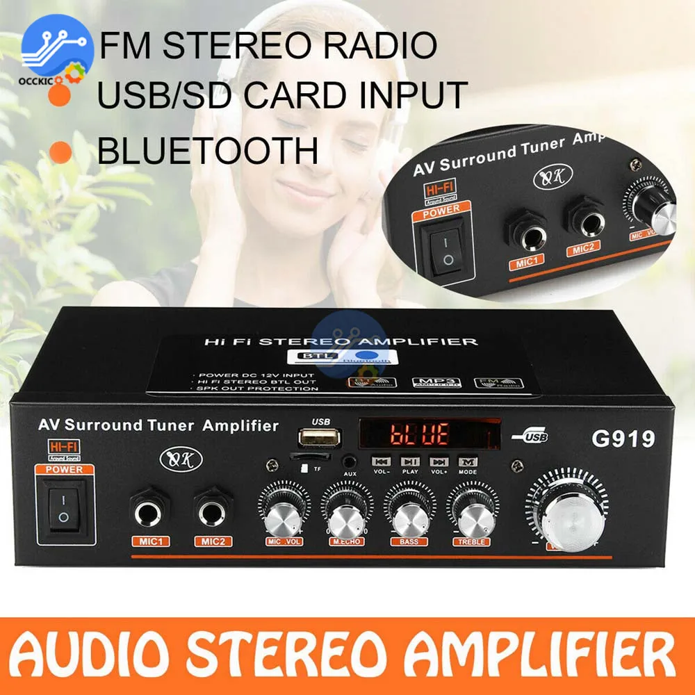 AC110V-220V 디지털 오디오 스테레오 서라운드 튜너, 블루투스 앰프, 2CH FM SD HIFI 자동차 홈 파워 앰프, DC12V