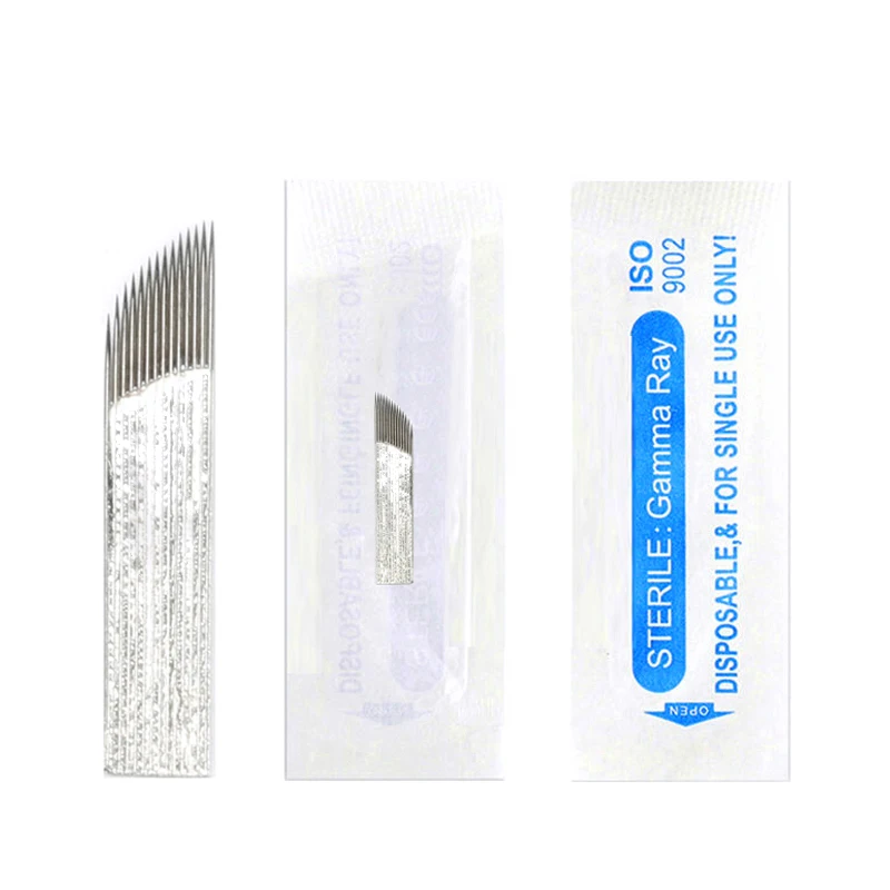 100 Pcs Disposable Microblading Needles 1 Row 14 Pin Permanent Makeup Fog Eyebrow Tattoo Blade for 3D Manual Microblading Pen