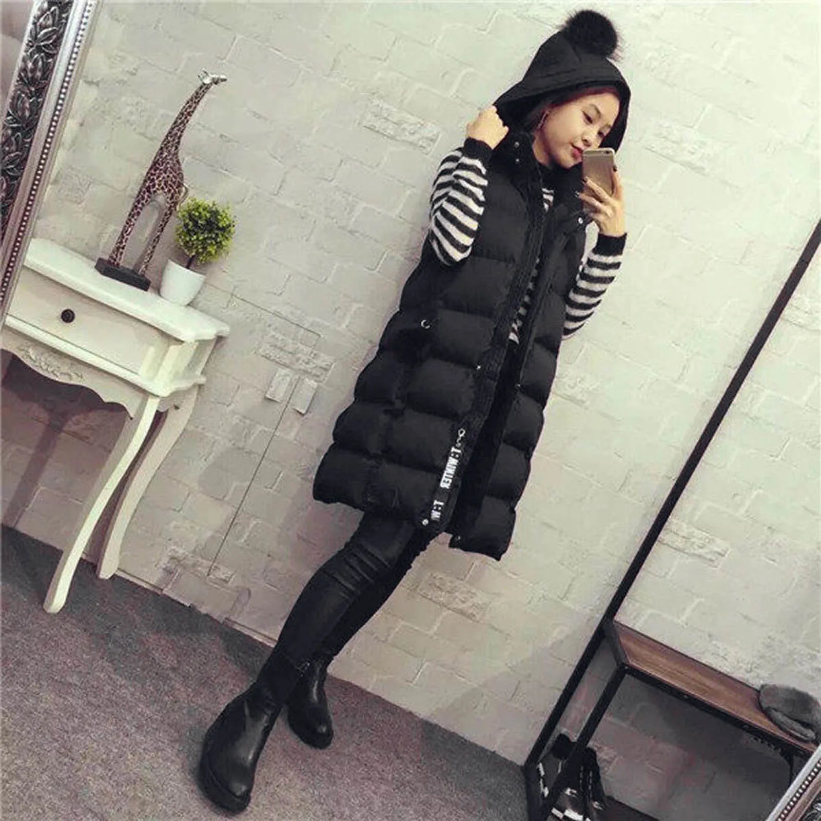 Autumn Winter Women Long Parkas Vest Warm Black Zipper Hooded Down Coat Parka Ladies Sleeveless Waistcoat Jacket Outwear S-4XL