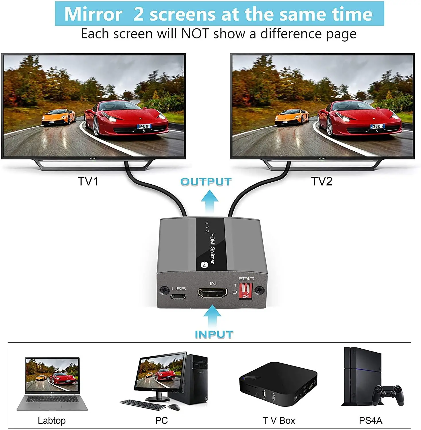 HDMI الفاصل 1 في 2 خارج مع دليل إدارة EDID دعم 4K @ 30HZ 1080P 3D 【Only نسخة ، لا توفر 2 مختلفة outputs】