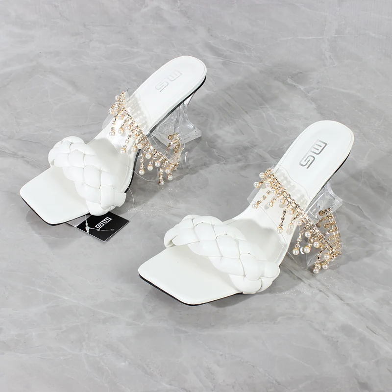 Women\'s Sandals Summer New Products Fashion Chain Pearl PU Handwoven High Heel Women Sandals Party Wedding Shoes 7.5CM